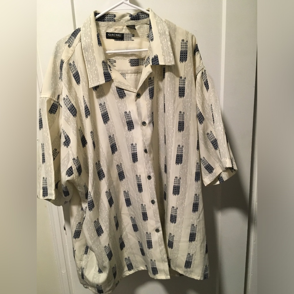 Men's Cream and Blue Patterned Shirt